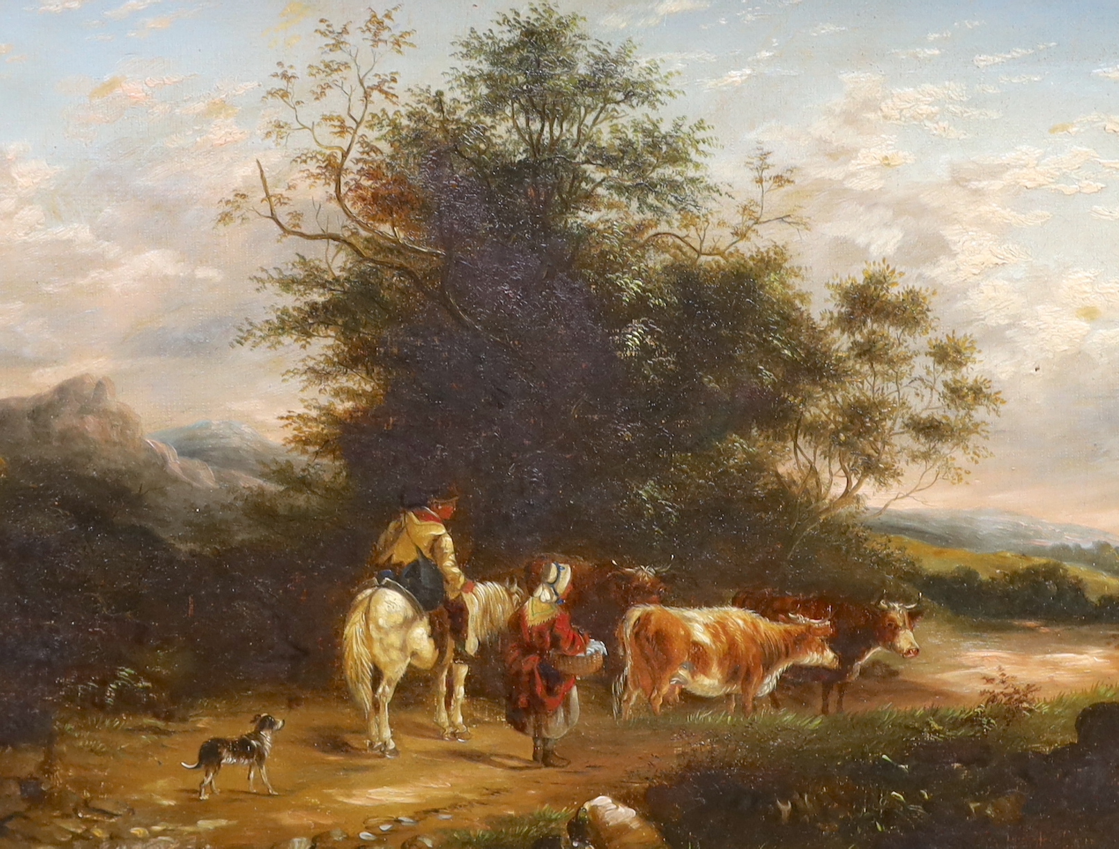 19th century English School, oil on canvas, Cattle being led along a woodland path, unsigned, 29 x 39cm